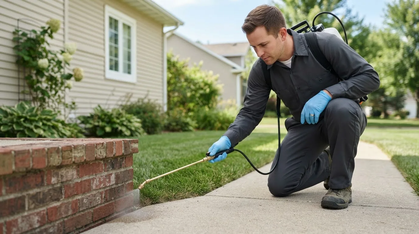 Pest control technician treating a home near Greenwich, OH